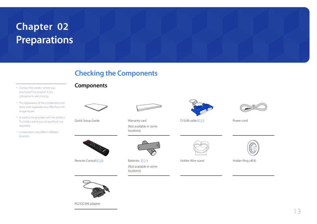 Samsung LH65EDDPLGC/HD manual Preparations, Checking the Components, Not available in some Locations RS232CIN adapter 