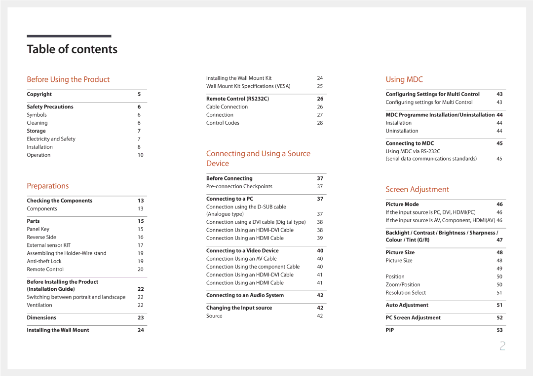 Samsung LH75EDDPLGC/NG, LH65EDDPLGC/EN, LH75EDDPLGC/EN, LH65EDDPLGC/HD, LH65EDDPLGC/NG, LH65EDDPLGC/UE manual Table of contents 