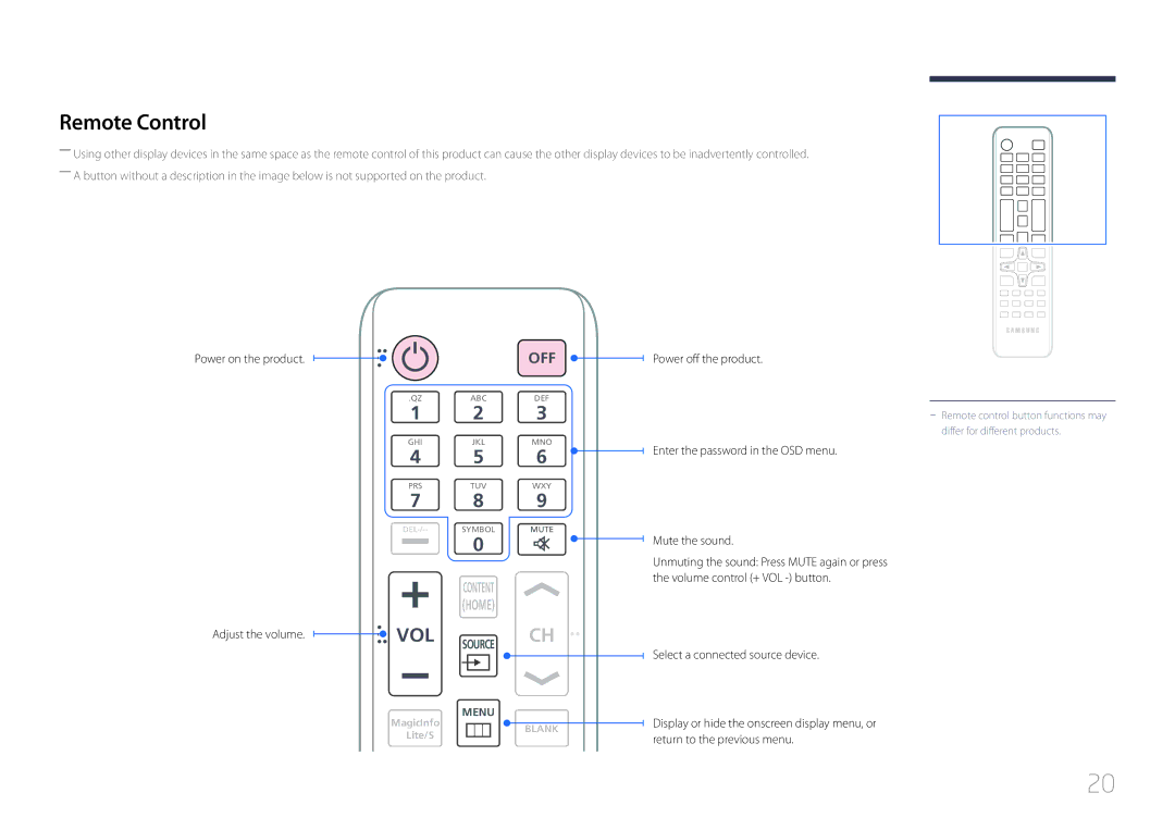 Samsung LH65EDDPLGC/EN, LH75EDDPLGC/EN, LH75EDDPLGC/NG manual Remote Control, Adjust the volume, Power off the product 