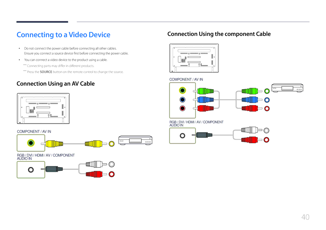 Samsung LH65EDDPLGC/EN Connecting to a Video Device, Connection Using an AV Cable, Connection Using the component Cable 