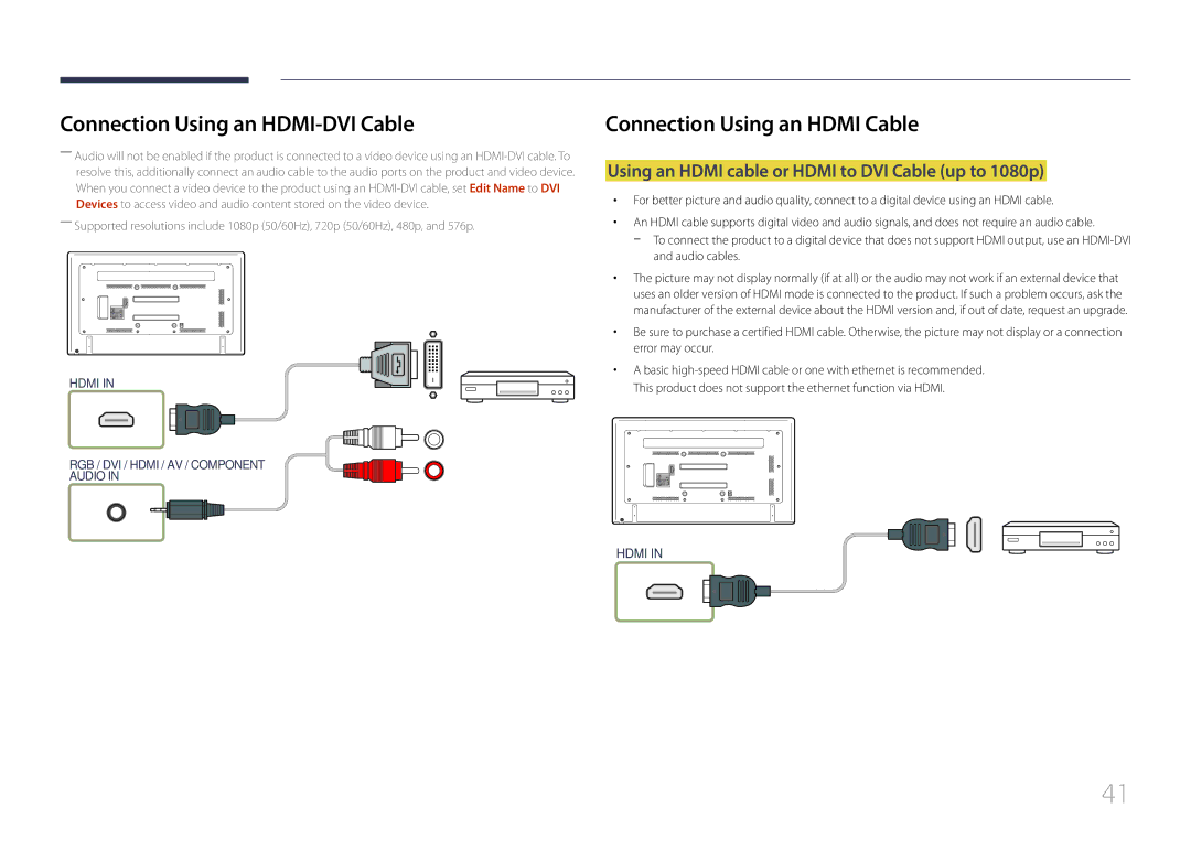 Samsung LH75EDDPLGC/EN manual Connection Using an HDMI-DVI Cable, Using an Hdmi cable or Hdmi to DVI Cable up to 1080p 