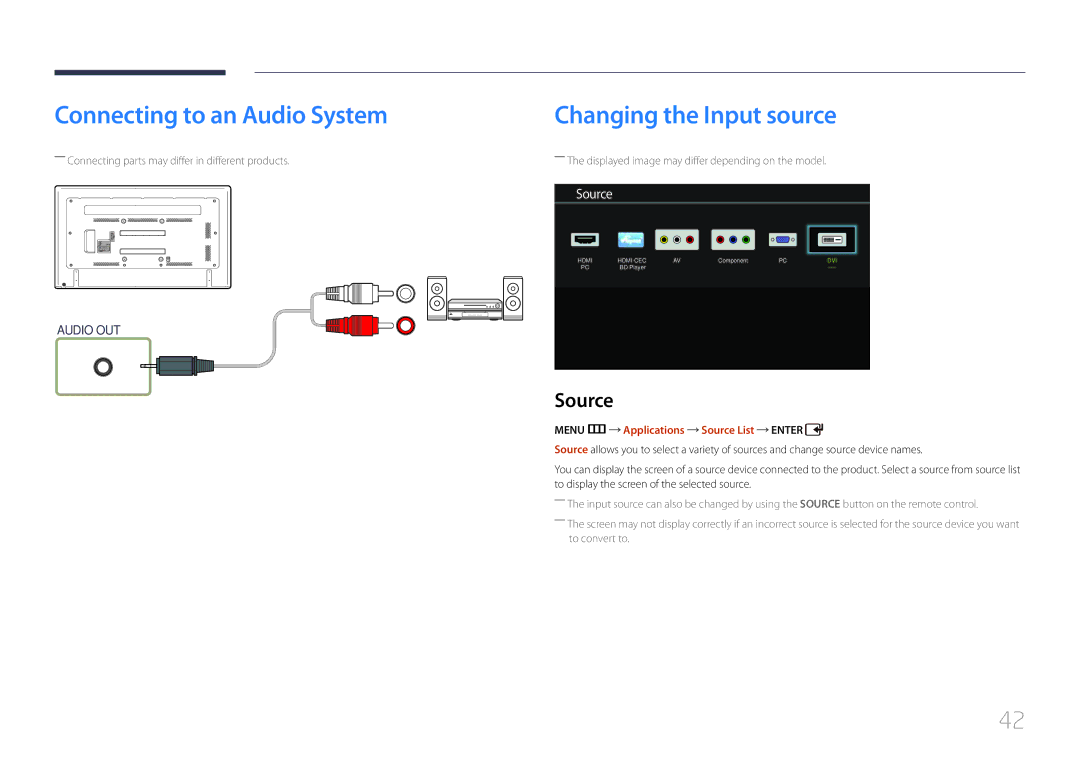 Samsung LH75EDDPLGC/NG, LH65EDDPLGC/EN, LH75EDDPLGC/EN Connecting to an Audio System, Changing the Input source, Source 