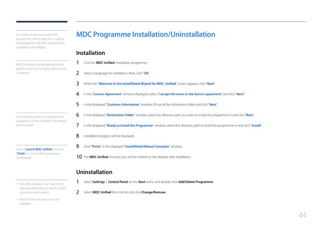 Samsung LH65EDDPLGC/NG, LH65EDDPLGC/EN, LH75EDDPLGC/EN, LH75EDDPLGC/NG manual MDC Programme Installation/Uninstallation 