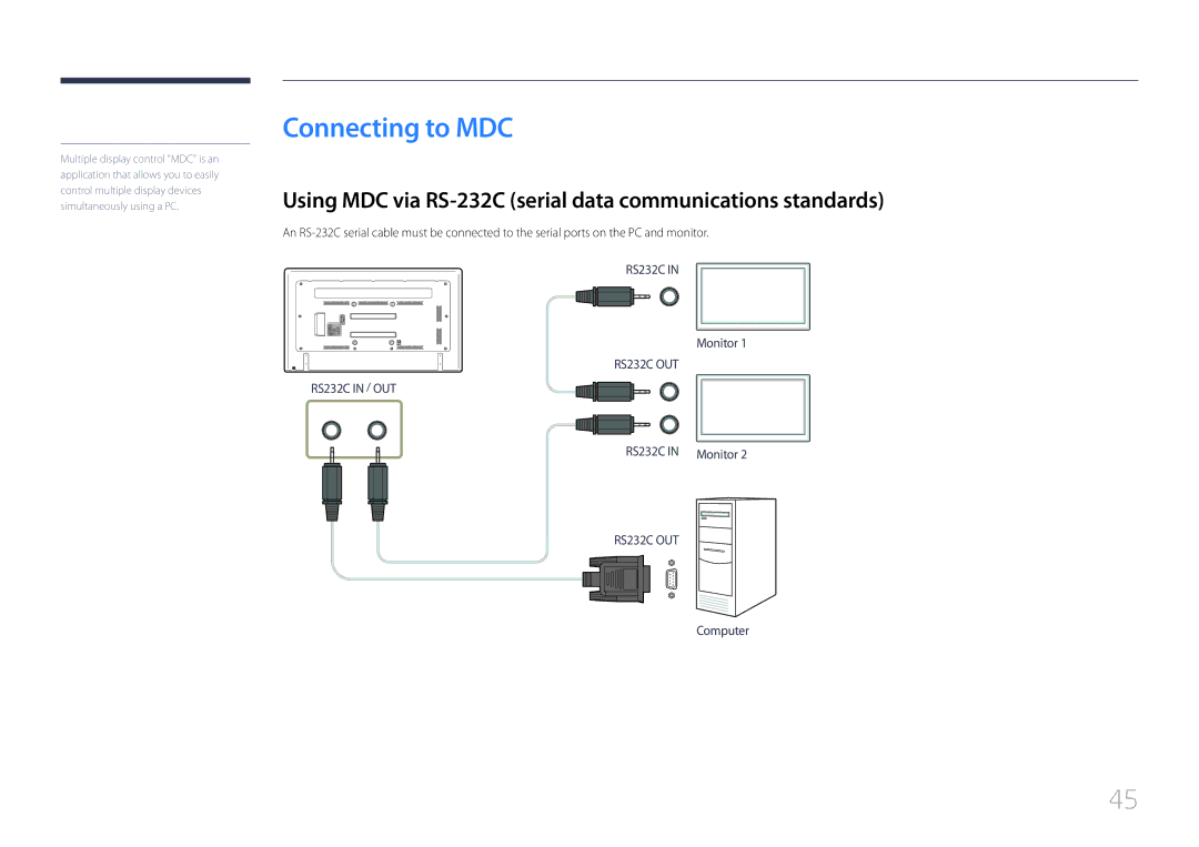 Samsung LH65EDDPLGC/UE, LH65EDDPLGC/EN manual Connecting to MDC, Using MDC via RS-232C serial data communications standards 