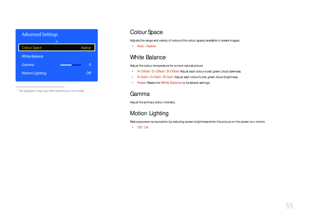 Samsung LH65EDDPLGC/UE, LH65EDDPLGC/EN, LH75EDDPLGC/EN Colour Space, White Balance Gamma Motion Lighting Off 