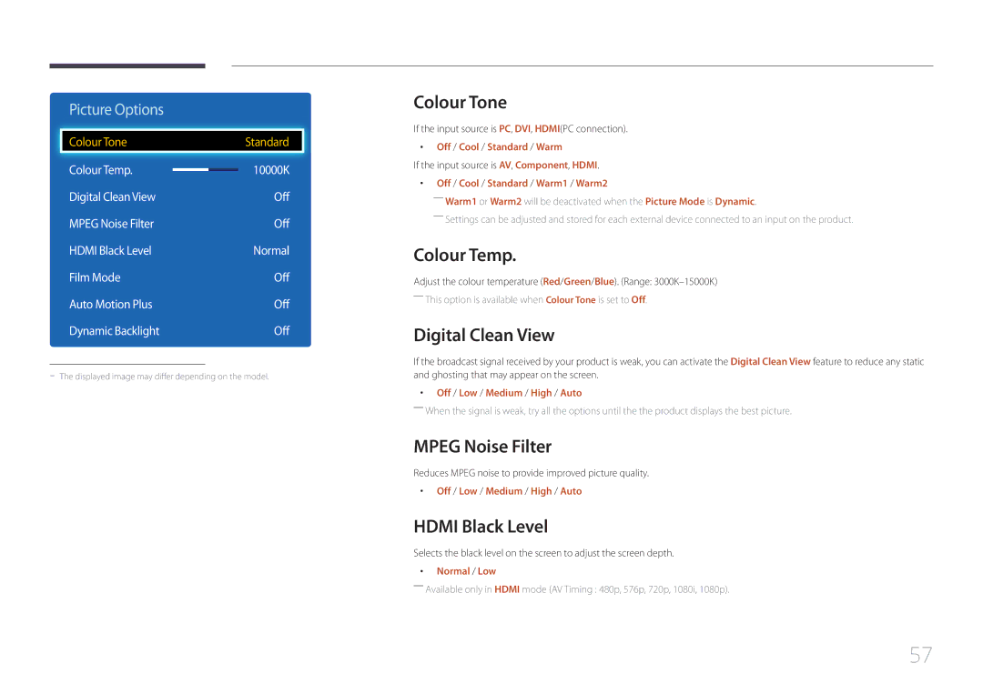 Samsung LH75EDDPLGC/HD, LH65EDDPLGC/EN Colour Tone, Colour Temp, Digital Clean View, Mpeg Noise Filter, Hdmi Black Level 