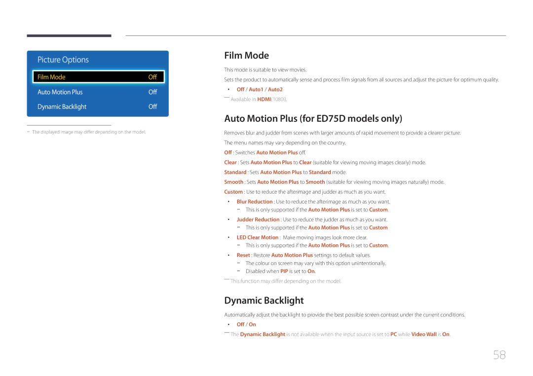 Samsung LH75EDDPLGC/XY, LH65EDDPLGC/EN, LH75EDDPLGC/EN Film Mode, Auto Motion Plus for ED75D models only, Dynamic Backlight 