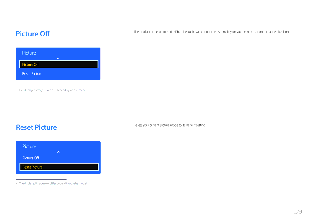 Samsung LH65EDDPLGC/XY, LH65EDDPLGC/EN, LH75EDDPLGC/EN, LH75EDDPLGC/NG, LH65EDDPLGC/HD manual Picture Off, Reset Picture 