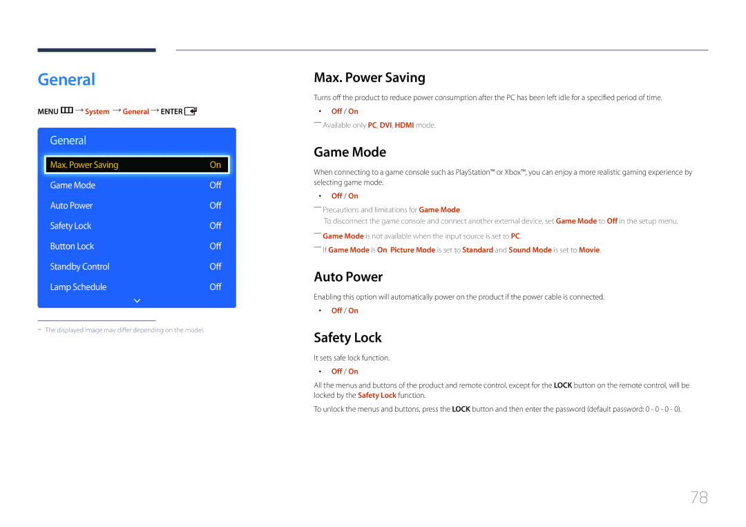 Samsung LH75EDDPLGC/XY, LH65EDDPLGC/EN, LH75EDDPLGC/EN manual General, Max. Power Saving, Game Mode, Auto Power, Safety Lock 