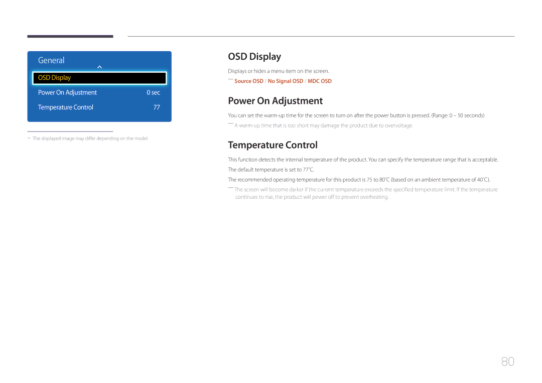 Samsung LH65EDDPLGC/EN, LH75EDDPLGC/EN, LH75EDDPLGC/NG OSD Display, Power On Adjustment Sec Temperature Control 