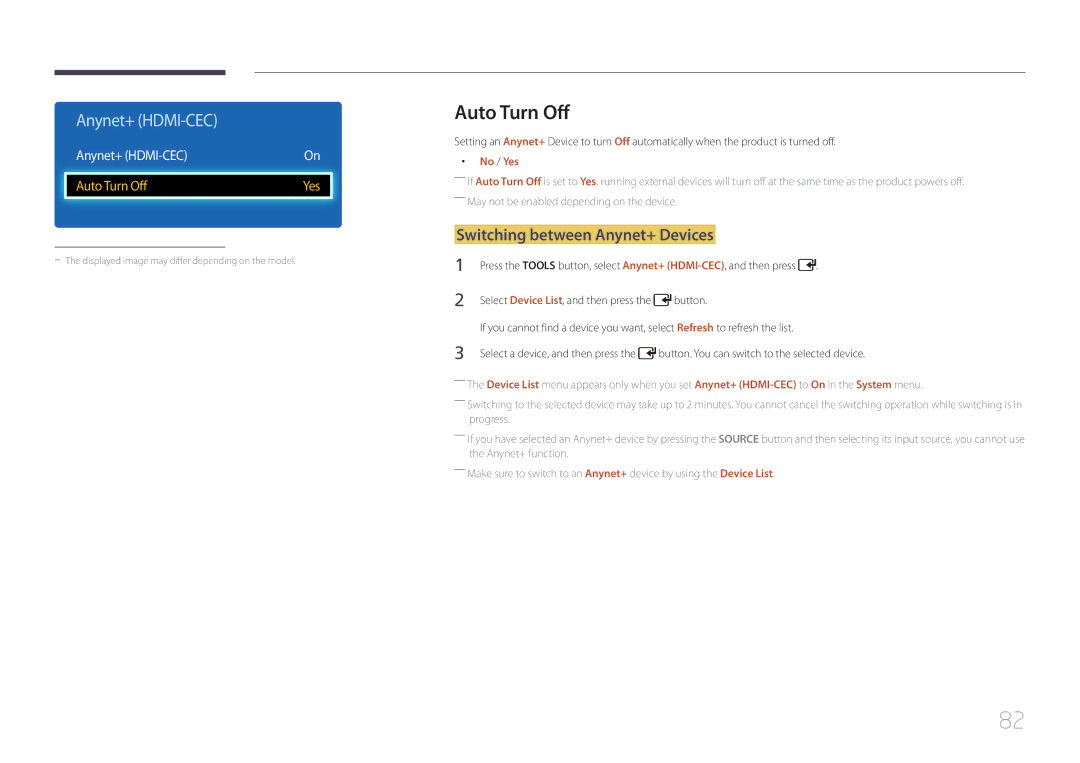 Samsung LH75EDDPLGC/NG, LH65EDDPLGC/EN manual Auto Turn Off, Switching between Anynet+ Devices, Anynet+ HDMI-CEC, No / Yes 