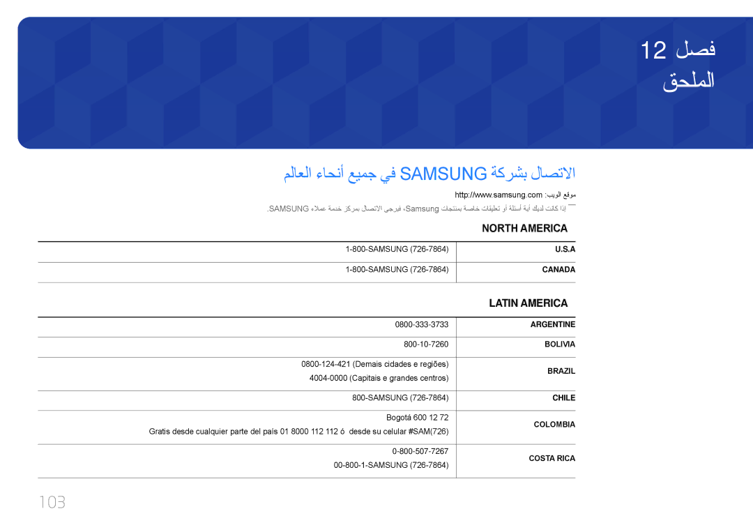 Samsung LH75EDDPLGC/HD, LH65EDDPLGC/EN, LH75EDDPLGC/EN manual قحلملا, ملاعلا ءاحنأ عيمج يف Samsung ةكرشب لاصتلاا, 103 