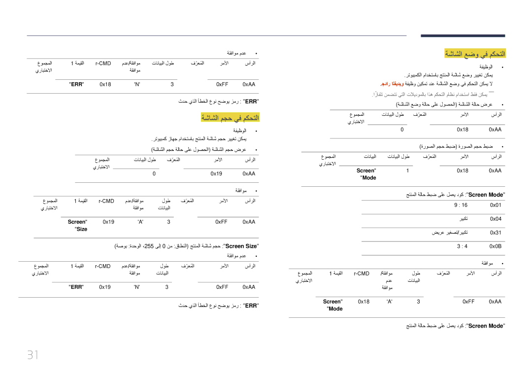 Samsung LH75EDDPLGC/HD, LH65EDDPLGC/EN, LH75EDDPLGC/EN, LH75EDDPLGC/NG manual ةشاشلا عضو يف مكحتلا, ةشاشلا مجح يف مكحتلا 