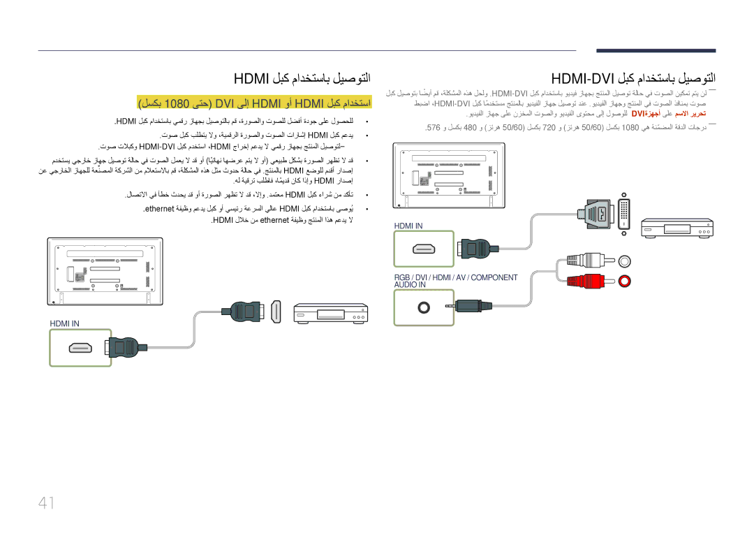 Samsung LH75EDDPLGC/EN, LH65EDDPLGC/EN manual Hdmi-Dvi لبك مادختساب ليصوتلا, لسكب 1080 ىتح DVI ىلإ Hdmi وأ Hdmi لبك مادختسا 