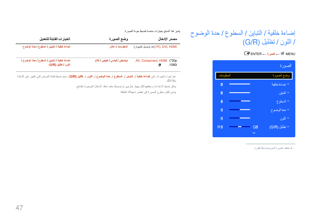 Samsung LH75EDDPLGC/HD, LH65EDDPLGC/EN ليدعتلل ةلباقلا تارايخلا ةروصلا عضو لاخدلإا ردصم, نوللا G50, ‏ENTER ةروصلا m MENU‏ 