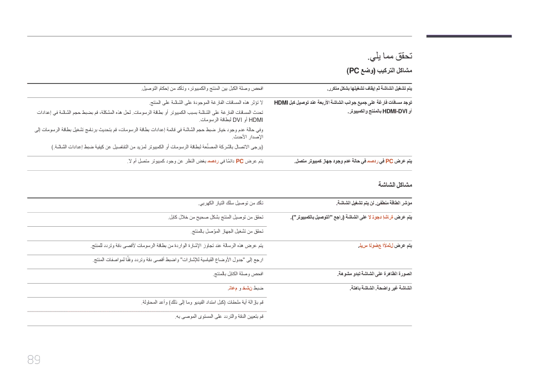 Samsung LH75EDDPLGC/EN manual يلي امم ققحت, Pc عضو بيكرتلا لكاشم, ةشاشلا لكاشم, ليس الوضع الأمثل ضرع متي, ناعم و خشن طبض 