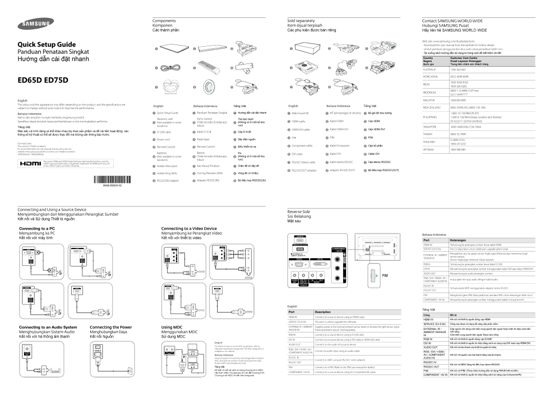 Samsung LH75EDDPLGC/EN, LH65EDDPLGC/EN manual Connecting the Power, Using MDC Menggunakan MDC Sử dụng MDC, Cổng Mô tả 