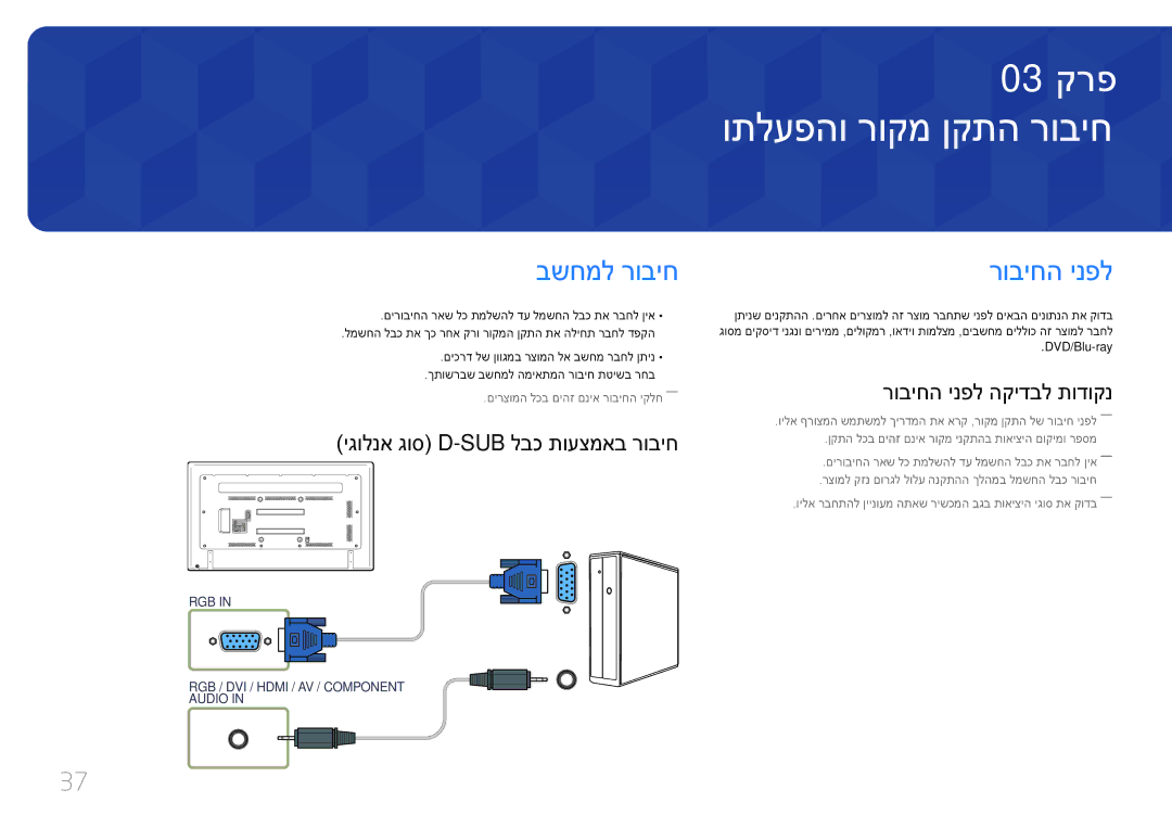 Samsung LH75EDDPLGC/EN manual ותלעפהו רוקמ ןקתה רוביח, בשחמל רוביח, רוביחה ינפל, יגולנא גוס D-Sub לבכ תועצמאב רוביח 