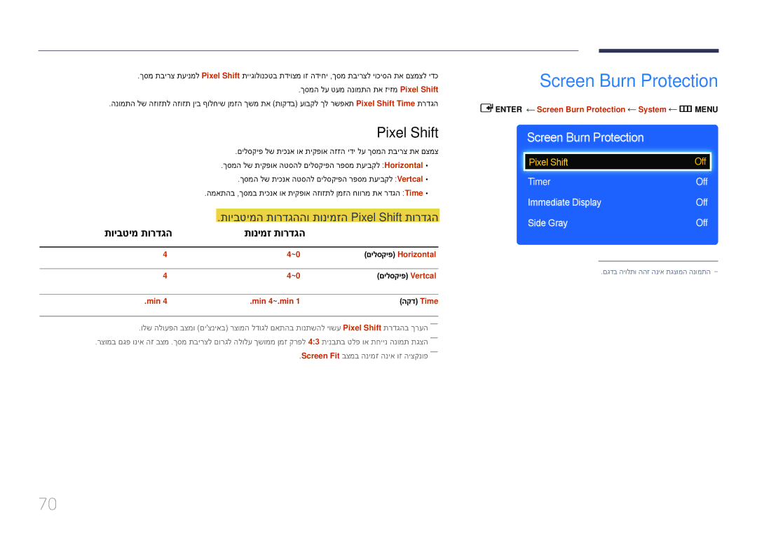 Samsung LH75EDDPLGC/XY manual Screen Burn Protection, תויבטימ תורדגה תונימז תורדגה, Timer Off Immediate Display Side Gray 