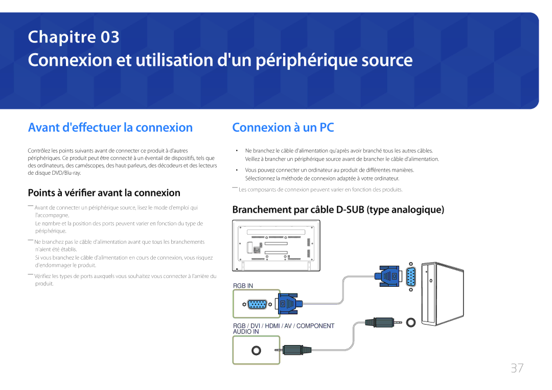 Samsung LH75EDDPLGC/EN Connexion et utilisation dun périphérique source, Avant deffectuer la connexion, Connexion à un PC 