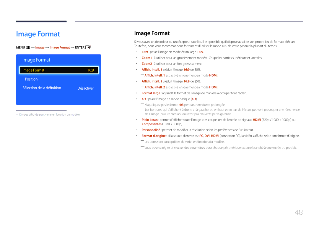 Samsung LH65EDDPLGC/EN, LH75EDDPLGC/EN manual · Position Sélection de la définition, Menu m Image Image Format Enter 