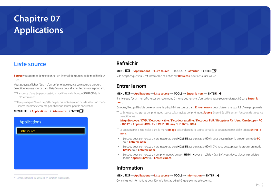 Samsung LH75EDDPLGC/EN, LH65EDDPLGC/EN manual Applications, Liste source, Rafraîchir, Entrer le nom, Information 