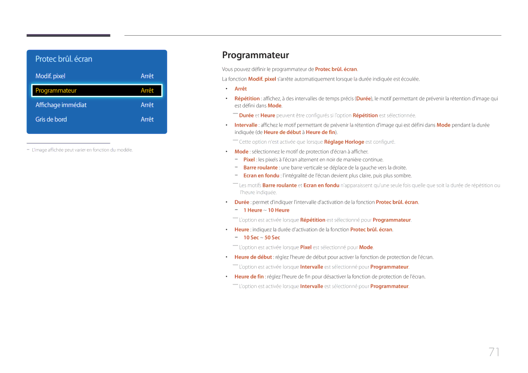 Samsung LH75EDDPLGC/EN, LH65EDDPLGC/EN manual Programmateur, Modif. pixel Arrêt, Affichage immédiat Arrêt Gris de bord 