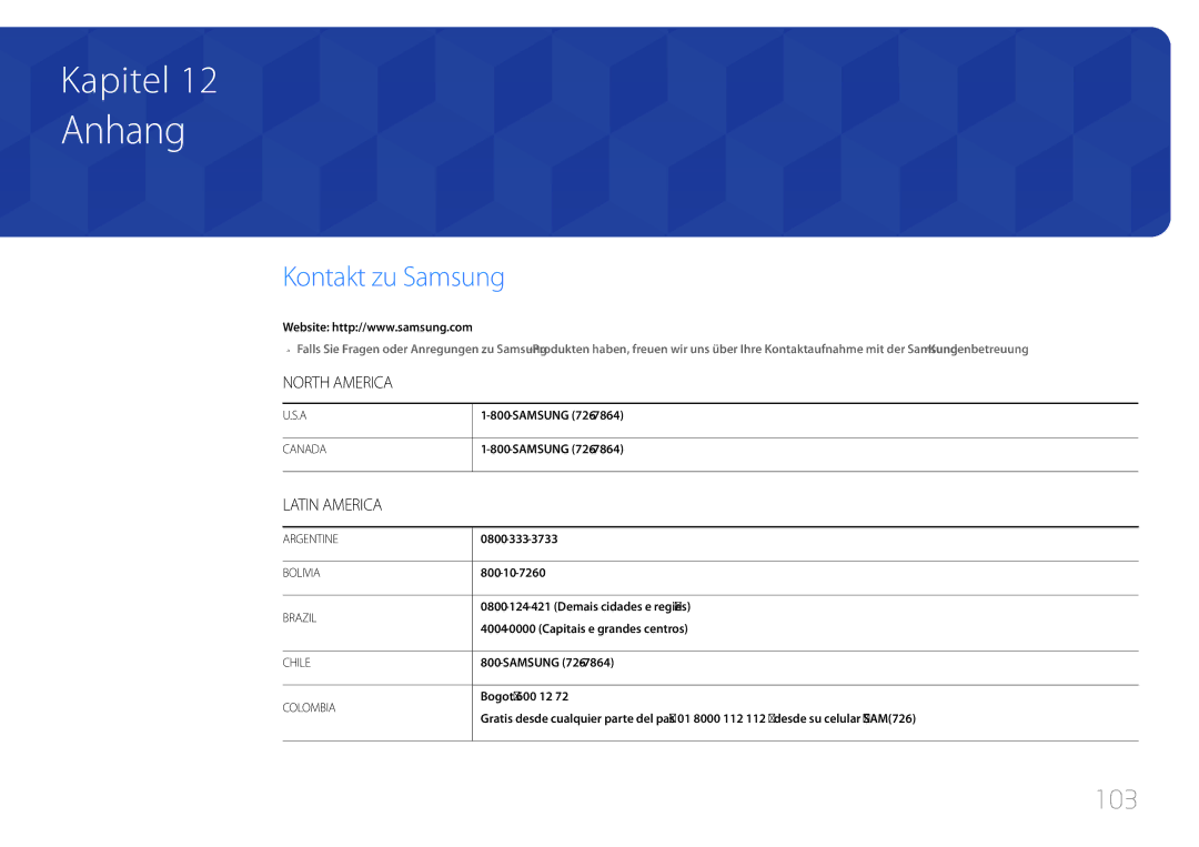 Samsung LH75EDDPLGC/EN, LH65EDDPLGC/EN manual Anhang, Kontakt zu Samsung, 103 