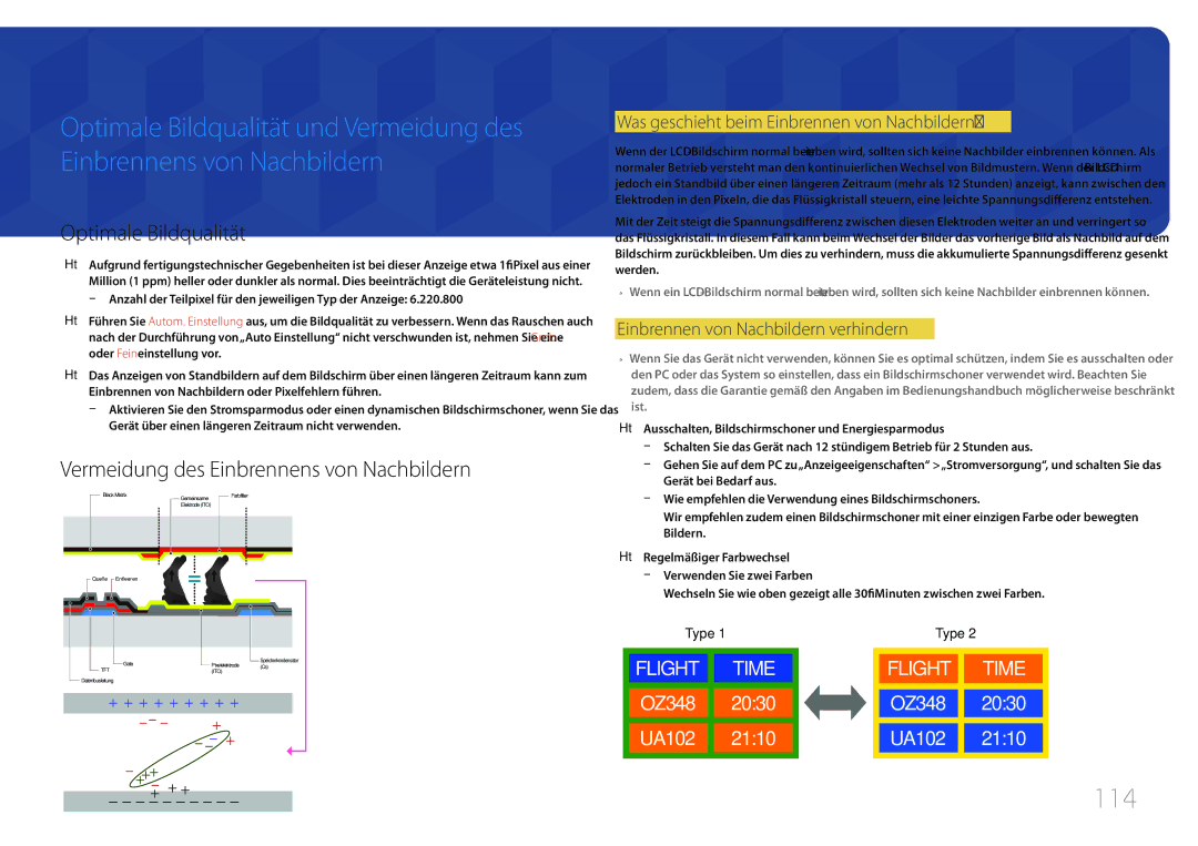 Samsung LH65EDDPLGC/EN, LH75EDDPLGC/EN manual 114, Optimale Bildqualität, Vermeidung des Einbrennens von Nachbildern 