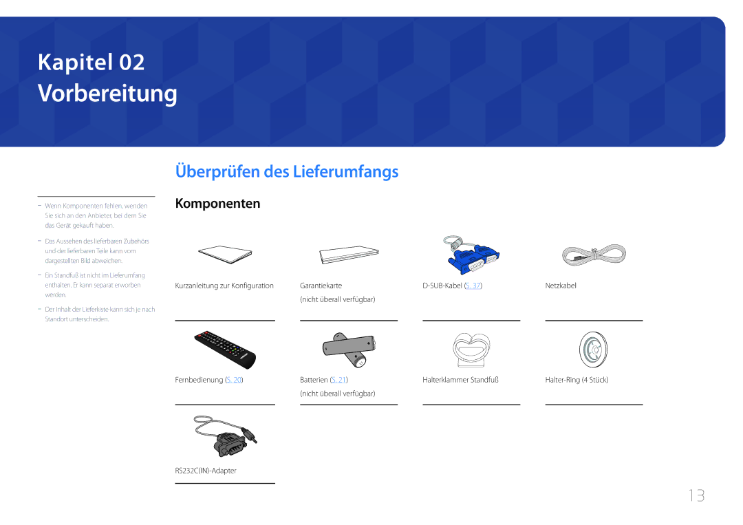 Samsung LH75EDDPLGC/EN, LH65EDDPLGC/EN manual Vorbereitung, Überprüfen des Lieferumfangs, Komponenten 