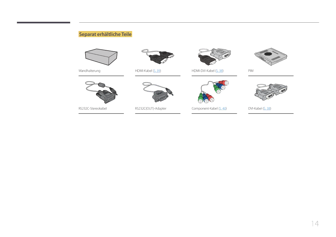 Samsung LH65EDDPLGC/EN, LH75EDDPLGC/EN manual Separat erhältliche Teile, Wandhalterung HDMI-Kabel S HDMI-DVI-Kabel S 