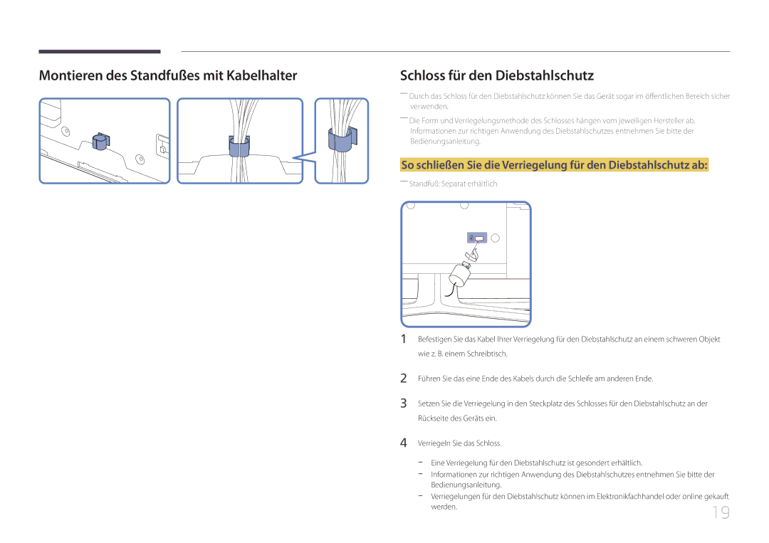 Samsung LH75EDDPLGC/EN, LH65EDDPLGC/EN manual Montieren des Standfußes mit Kabelhalter, Werden 