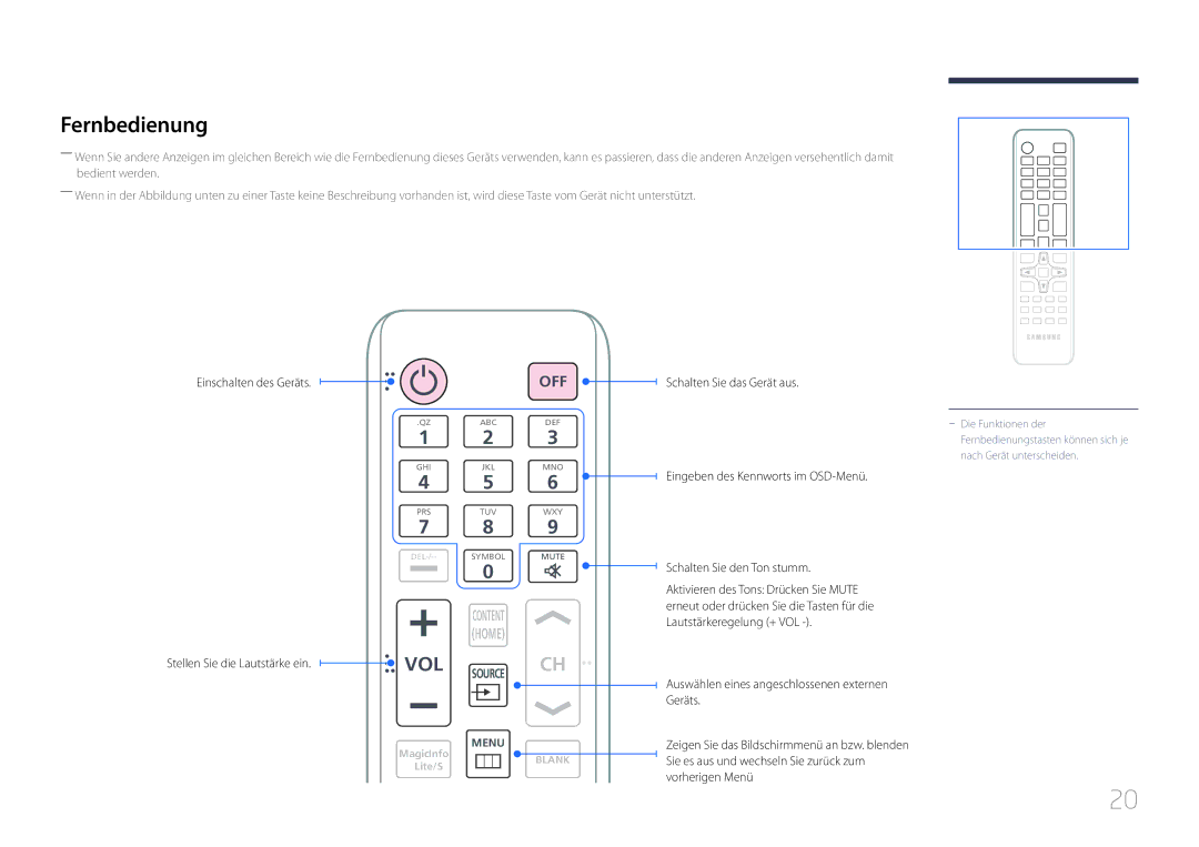 Samsung LH65EDDPLGC/EN, LH75EDDPLGC/EN manual Fernbedienung, Einschalten des Geräts 