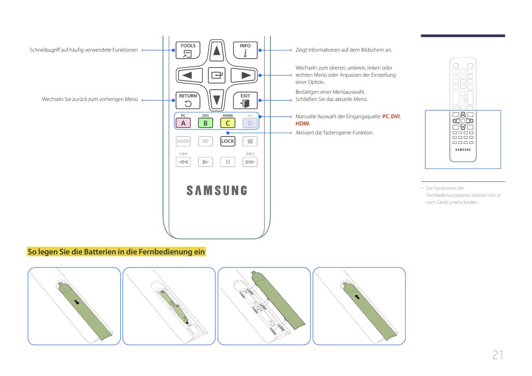 Samsung LH75EDDPLGC/EN manual So legen Sie die Batterien in die Fernbedienung ein, Wechseln Sie zurück zum vorherigen Menü 