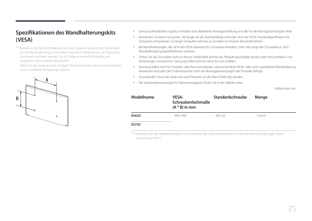 Samsung LH75EDDPLGC/EN, LH65EDDPLGC/EN manual Spezifikationen des Wandhalterungskits Vesa, Standardschraube 