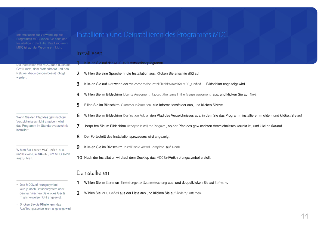 Samsung LH65EDDPLGC/EN, LH75EDDPLGC/EN manual Installieren und Deinstallieren des Programms MDC 