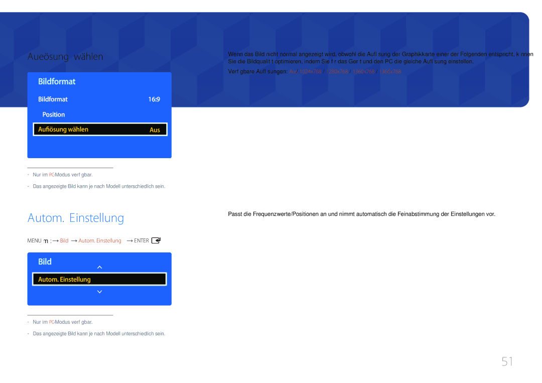 Samsung LH75EDDPLGC/EN, LH65EDDPLGC/EN manual Autom. Einstellung, Auflösung wählen, Bildformat 169 · Position 