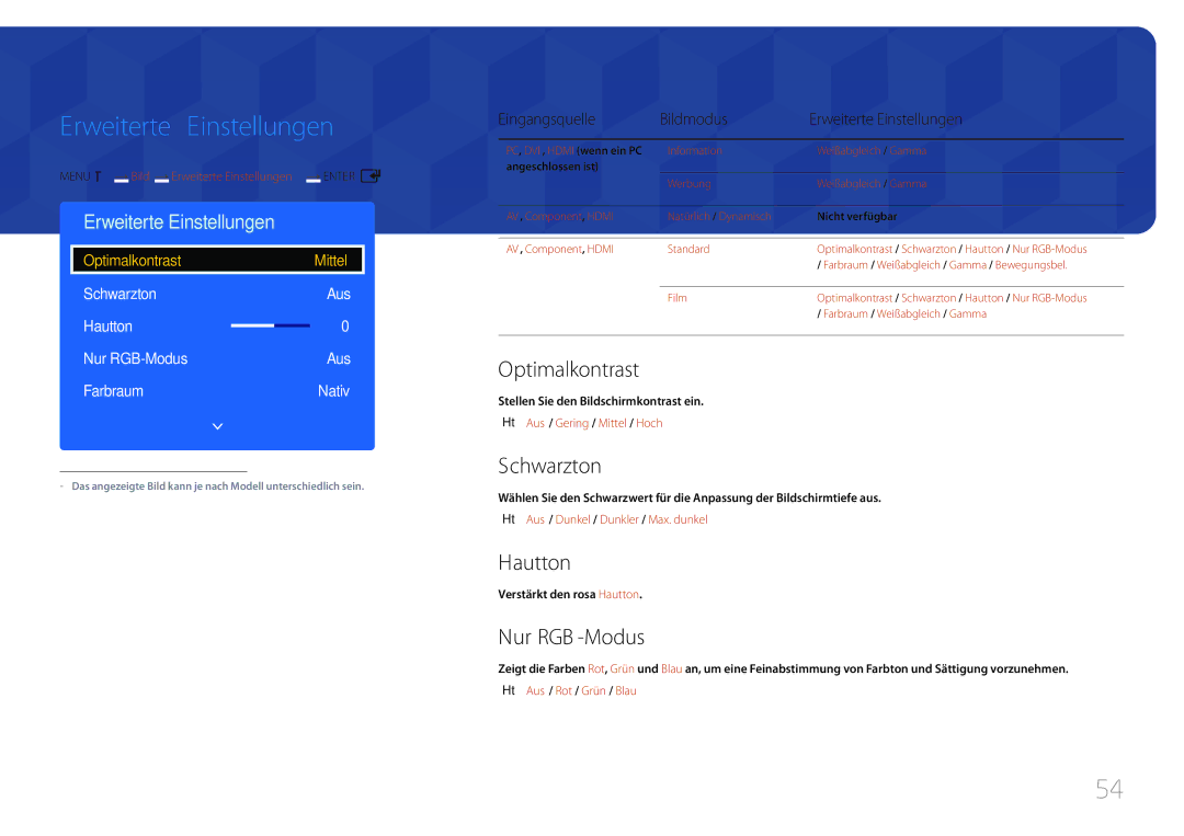 Samsung LH65EDDPLGC/EN, LH75EDDPLGC/EN manual Erweiterte Einstellungen, Optimalkontrast, Schwarzton, Hautton, Nur RGB-Modus 