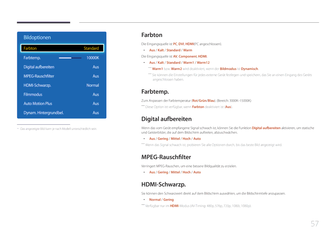 Samsung LH75EDDPLGC/EN, LH65EDDPLGC/EN manual Farbton, Farbtemp, Digital aufbereiten, MPEG-Rauschfilter, HDMI-Schwarzp 