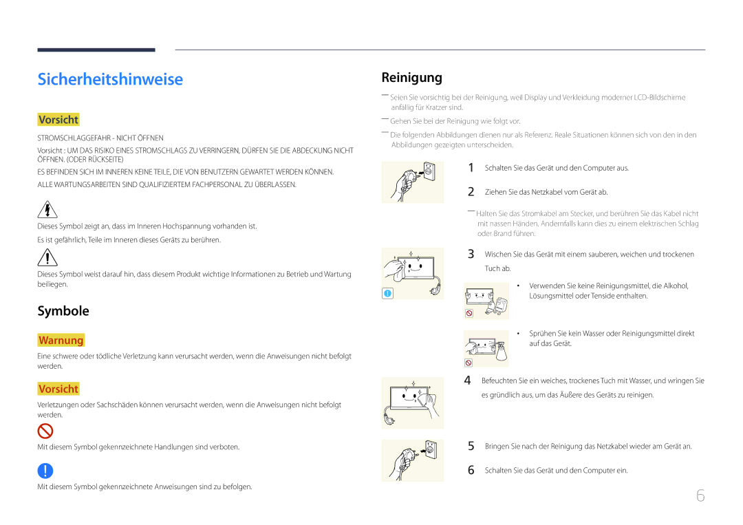 Samsung LH65EDDPLGC/EN, LH75EDDPLGC/EN manual Sicherheitshinweise, Reinigung, Symbole, Vorsicht 