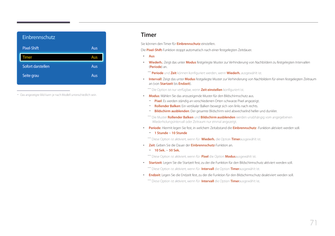 Samsung LH75EDDPLGC/EN, LH65EDDPLGC/EN manual Timer, Pixel-Shift Aus, Sofort darstellen Aus Seite grau 