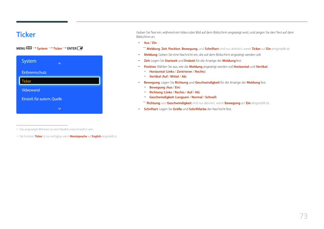 Samsung LH75EDDPLGC/EN Videowand Einstell. für autom. Quelle, Menu m System Ticker Enter, Vertikal Auf / Mittel / Ab 
