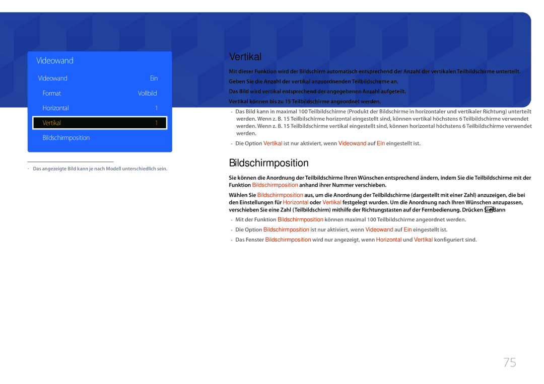 Samsung LH75EDDPLGC/EN, LH65EDDPLGC/EN manual Vertikal, Bildschirmposition, Videowand Ein · Format Vollbild · Horizontal 