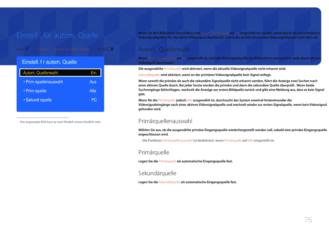 Samsung LH65EDDPLGC/EN manual Einstell. für autom. Quelle, Autom. Quellenwahl, Primärquellenauswahl, Sekundärquelle 