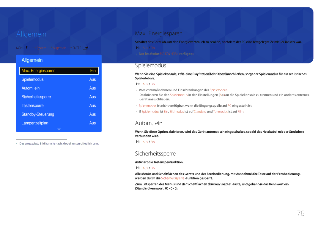 Samsung LH65EDDPLGC/EN, LH75EDDPLGC/EN manual Allgemein, Max. Energiesparen, Spielemodus, Sicherheitssperre 