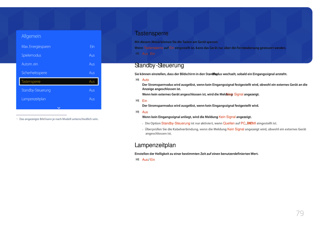 Samsung LH75EDDPLGC/EN manual Tastensperre, Standby-Steuerung, Lampenzeitplan, Max. Energiesparen Ein Spielemodus, Auto 