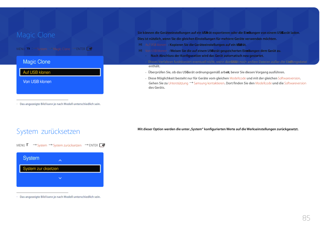 Samsung LH75EDDPLGC/EN, LH65EDDPLGC/EN manual Magic Clone, System zurücksetzen, Von USB klonen 