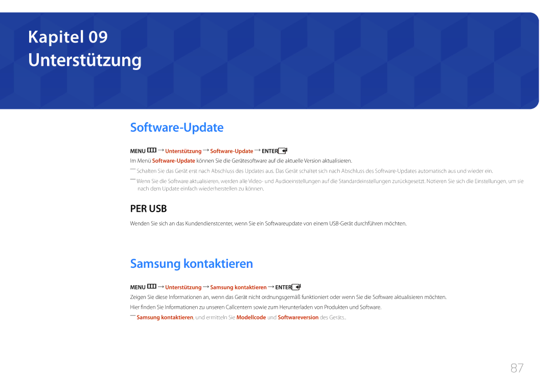 Samsung LH75EDDPLGC/EN, LH65EDDPLGC/EN manual Samsung kontaktieren, Menu m Unterstützung Software-Update Enter 