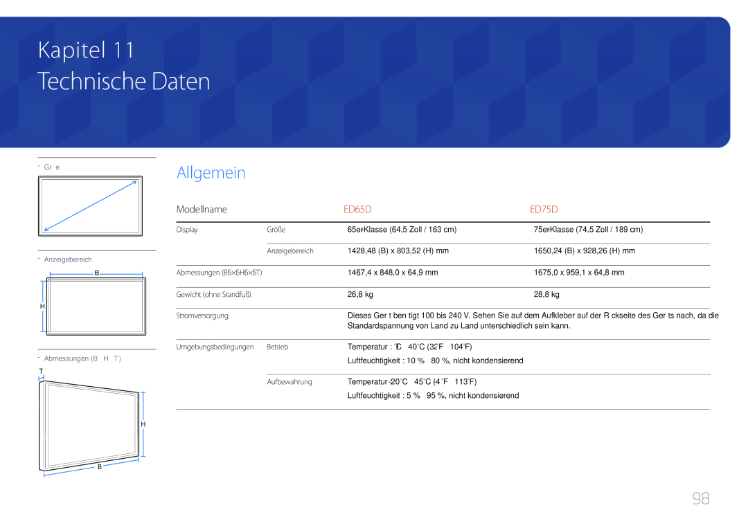 Samsung LH65EDDPLGC/EN, LH75EDDPLGC/EN manual Technische Daten 