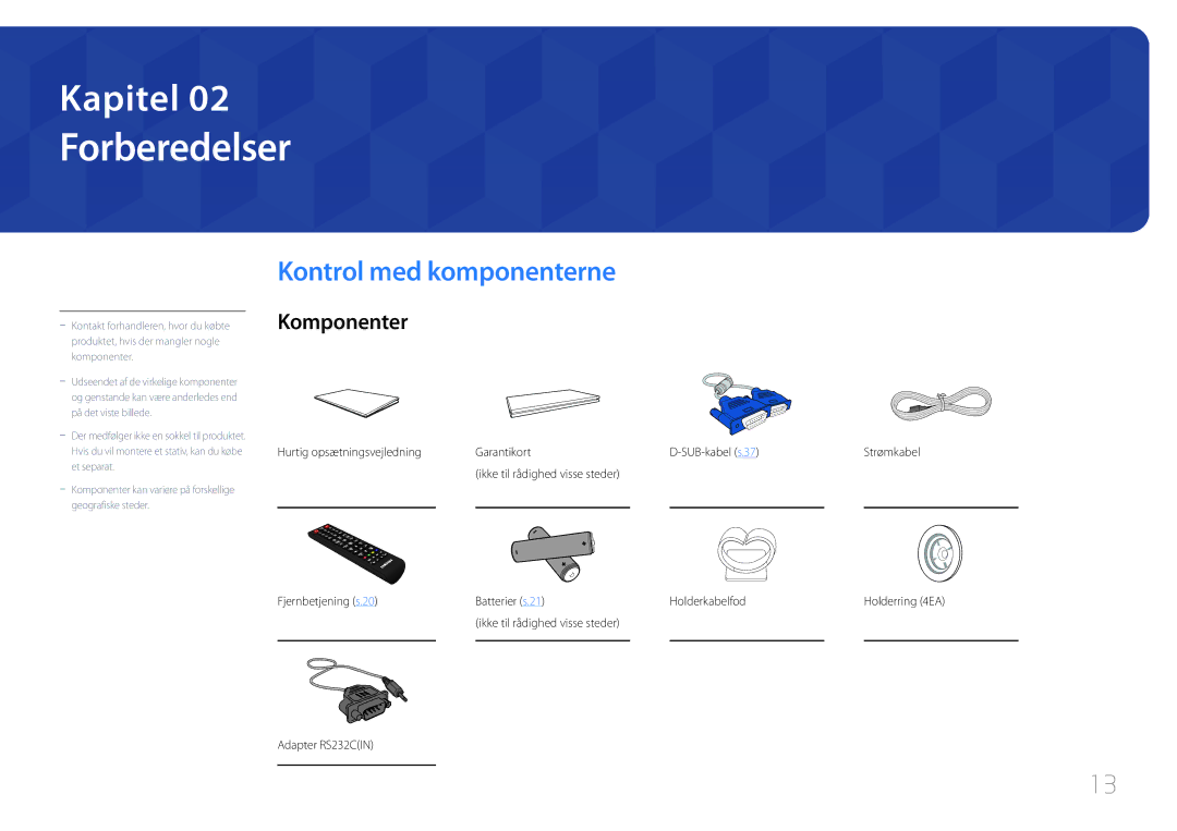 Samsung LH75EDDPLGC/EN, LH65EDDPLGC/EN manual Forberedelser, Kontrol med komponenterne, Komponenter, Adapter RS232CIN 